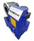 Built Tough Electric Hose Crimper Machine For High Pressure Hydraulic Lines With Forge Steel Head And Ten Precision Dies 220v 4kw controls and front view.