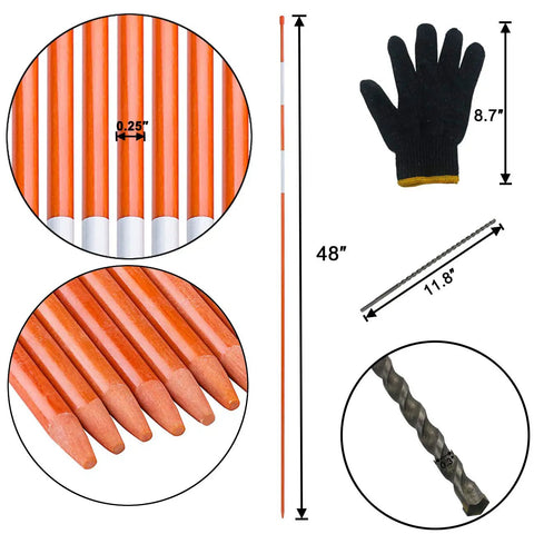 50 Pack 48 Inch Driveway Marker Set With 1/4 Inch Fiberglass Reflective Snow Stakes, Steel Drill Bit And Protection Gloves