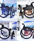 Four ergonomic wheelchairs displayed, featuring different colors, designs, and wheel styles in a modern showroom.