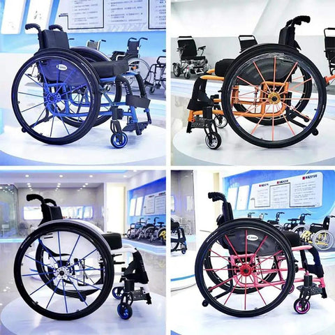Four ergonomic wheelchairs displayed, featuring different colors, designs, and wheel styles in a modern showroom.