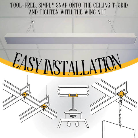 Installation diagram of Easy Install Twist Clip For Electrical Fixtures With Wing Nut, showing clip attached to T-grid ceiling.
