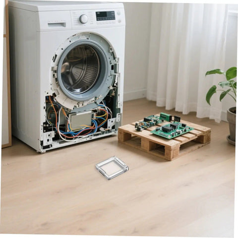26mm Button Switch Dustproof Cover next to dismantled washing machine showing internal wiring and components, in a home setting.