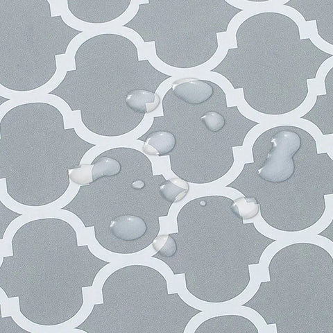 Close-up of waterproof Grey Moroccan design on Round Outdoor Tablecloth With Umbrella Hole And Elastic Edge For 40 To 44 Inch Vinyl PVC Cover.