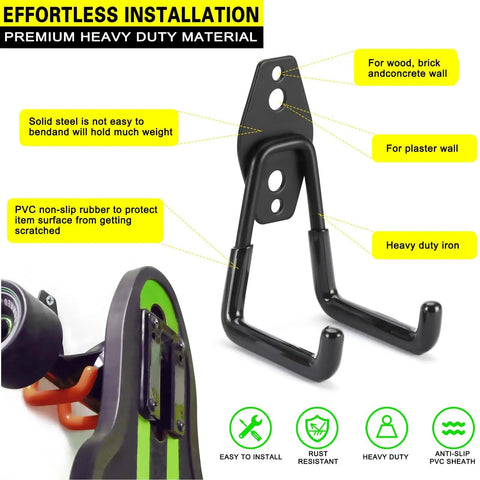 Two Pack Heavy Duty Garage Hooks For Wall Mount Storage, Ultra Sturdy Steel U Hooks With Anti Rust Coating And Non Slip PVC