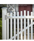 Heavy Duty Six Inch Stainless Steel Gate Hinges Tough As Nails Rust Resistant Tee Hinge For Outdoor Wooden Barn Gates And Fences Four Piece Kit mounted on a white fence.