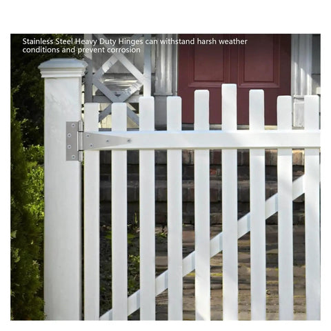 Heavy Duty Six Inch Stainless Steel Gate Hinges Tough As Nails Rust Resistant Tee Hinge For Outdoor Wooden Barn Gates And Fences Four Piece Kit mounted on a white fence.