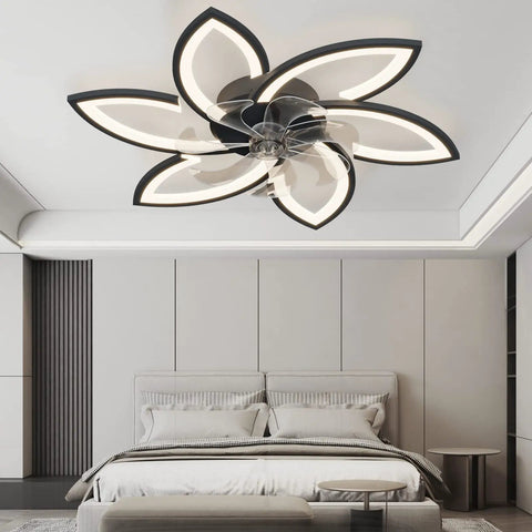 Low Profile Ceiling Fan With Lights And Remote, Modern Dimmable Smart Fan Light Combo, Flower Shade Design for Bedroom Ceiling