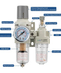 Front view of One Quarter Inch NPT Compressed Air Filter Regulator Lubricator Combo With Five Micron Brass Element 0 to 150 PSI