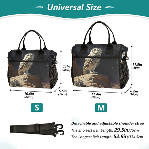 Insulated Lunch Tote With Owl Desert Landscape Print For Women And Men, sizes S and M, with adjustable shoulder strap.
