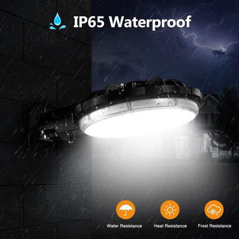 Two Pack 100W LED Barn Light With Dusk To Dawn Sensor, 12000 Lumens, IP65 Waterproof Outdoor Security Flood Lamp illuminating at night