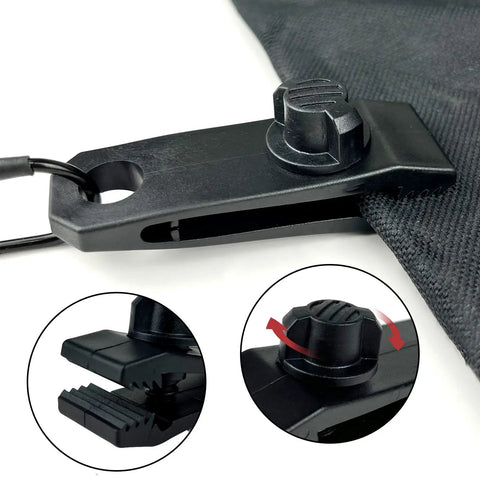 Heavy Duty Tarp Clips With Lock Grip Clamps And Thumb Screw Design showing detailed black clip on fabric.