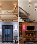 Konvixon Wall Sconces Battery Operated Set of Two, RGBWW with Remote, Black in various lighting setups in home decor.