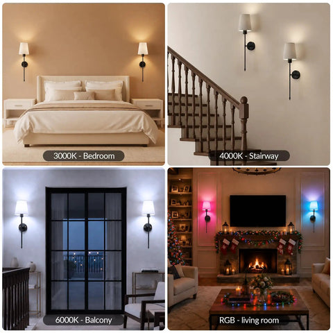 Konvixon Wall Sconces Battery Operated Set of Two, RGBWW with Remote, Black in various lighting setups in home decor.