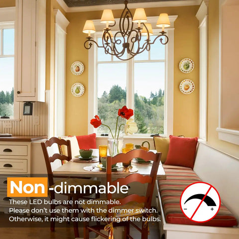 Dining room with chandelier decorated with 4 Pack Vintage LED Edison Bulbs 60W Equivalent, E26 base, classic look lighting.