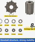 Heavy Duty Hydraulic Hose Crimper With Eight Swappable Die Sets, showcasing eight crimp die sizes from 10mm to 31mm.