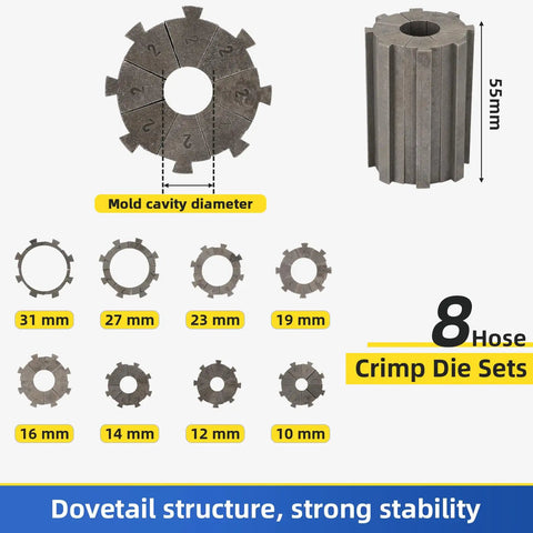 Heavy Duty Hydraulic Hose Crimper With Eight Swappable Die Sets, showcasing eight crimp die sizes from 10mm to 31mm.