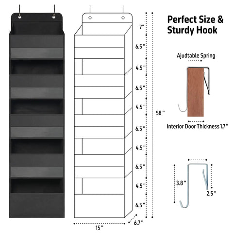 Over Door Organizer With Five Extra Large Pockets Heavy Duty Hanging Storage black dimensions and hooks diagram