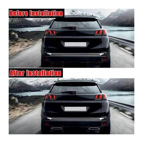Before and after installation of Beefed Up Chrome Stainless Steel Rear Exhaust Muffler Tail Pipe Cover for Peugeot 3008 5008