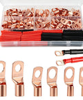 Top Grade 220 Pieces Copper Wire Lug Kit With AWG 6 8 10 And 12 Battery Cable Ends Includes Ring Terminals Heat Shrink Tubes Plus Storage Box For Your Rig, copper lugs and heat shrink in organizer
