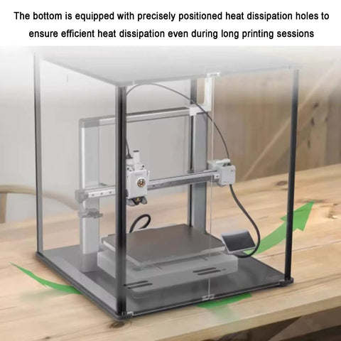 3D Printer Enclosure With Clear Acrylic Protective Cover, Ventilation, LED Lighting, Odor Isolation, Dustproof And Noise Reduction, Sized At 514mm By 631mm By 623mm For Stable Printing And Warping Prevention displayed on a wooden table