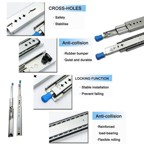 Heavy Duty Drawer Slide Rails With Secure Locking System And Detachable Under Desk Keyboard Tray showing cross-holes for stability.
