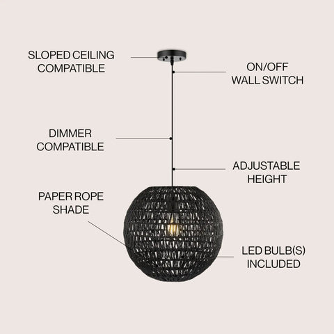 Black 15.75 Inch 1 Light Dope Modern Bohemian Woven Led Pendant Light With Adjustable Hanging Ceiling Lamp features and details.