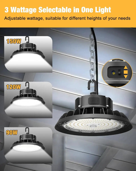 UFO LED High Bay Light 150W 6 Pack 22,500 Lumens Hella Bright 0-10V Dimmable ETL Listed Shop Light showing wattage settings