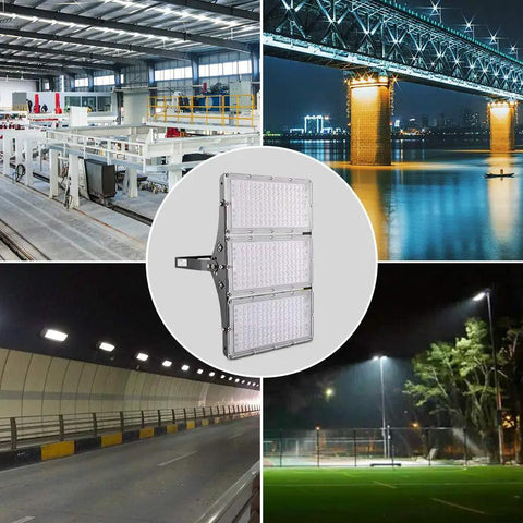 Killer Brightness 300W LED Work Lights Outdoor Flood Light Fixture IP66 Waterproof Parking Lot Lamp illuminating various settings.