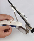 Adjustable Archery Fletching Jig With Straight Clamp for DIY Arrow Shafts in use, showing aluminum alloy structure and magnetic base.