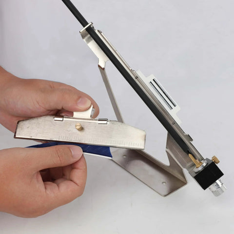 Adjustable Archery Fletching Jig With Straight Clamp for DIY Arrow Shafts in use, showing aluminum alloy structure and magnetic base.