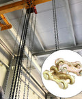 8 Pack 3/8 Inch Double Clevis Links Galvanized G70 Grade Alloy Steel Twin H Type Chain Connectors shown on a hoist with chains.
