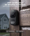 All In One Dope Smart Door Lock With Camera And Video Doorbell installed on wooden door showing keypad and camera
