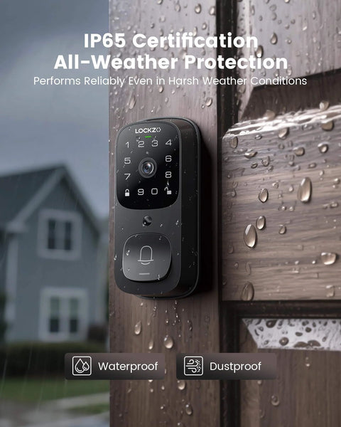 All In One Dope Smart Door Lock With Camera And Video Doorbell installed on wooden door showing keypad and camera