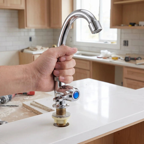 Hand installing a Vertical Kitchen Sink Faucet, Plastic Small Countertop Tap with 2cm Base on white countertop.