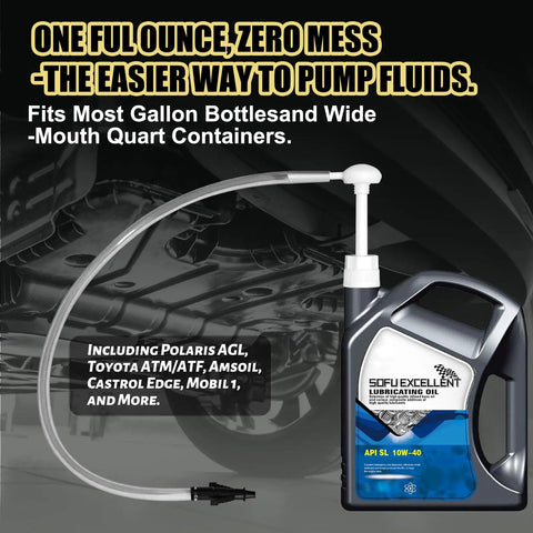 30cc Hand Fluid Transfer Pump For Gallon And Wide Mouth Bottles connected to lubricant bottle.