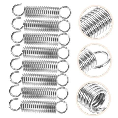 Top Tier 8 Piece Mechanical Compression Spring Kit Perfect For Crafting And E V Brackets Plus Ladder Feet Heavy Duty Stainless Steel Stuff That Holds Tight. 8-piece stainless steel spring set with hooked ends, shown close up