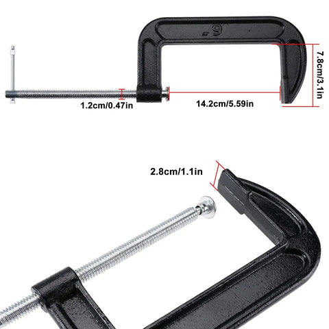 Heavy Duty 4 Pack 6 Inch C Clamp Set with 6 Inch Jaw Opening and 2 And 5 Eighths Inch Throat for Woodworking, black finish, side view.