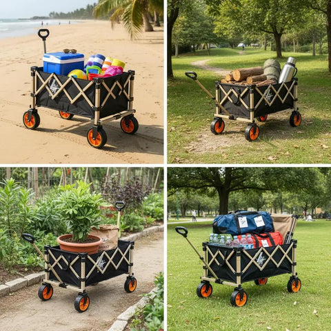 Heavy Duty Outdoor Folding Utility Wagon With 125 Liter Capacity And 600D Oxford Zero Hassle Folding Design rolls on sand with beach gear.