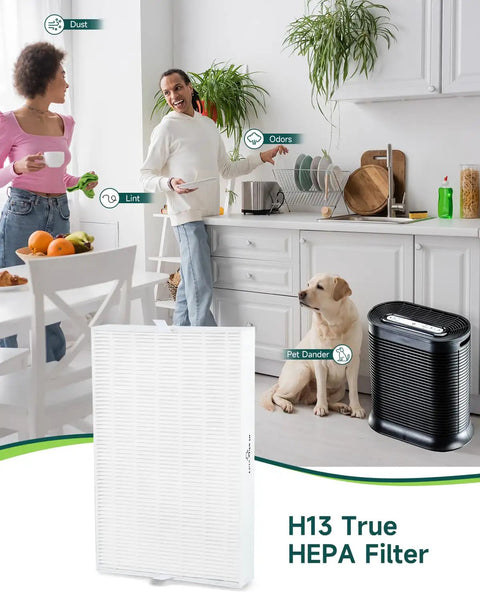 Kitchen scene with people, dog, and air purifier showcasing H13 True HEPA Filter effect on dust, odors, lint, and pet dander