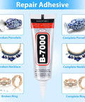 Repair Adhesive chart with Ultra Versatile B-7000 Industrial Strength Glue For Rhinestones And Crafts, showing restored items.