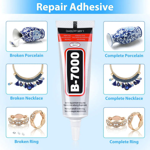 Repair Adhesive chart with Ultra Versatile B-7000 Industrial Strength Glue For Rhinestones And Crafts, showing restored items.