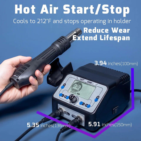 2 In 1 Soldering Iron Station And Hot Air Rework System With LCD Display, PID Temp Control held by hand on blue background