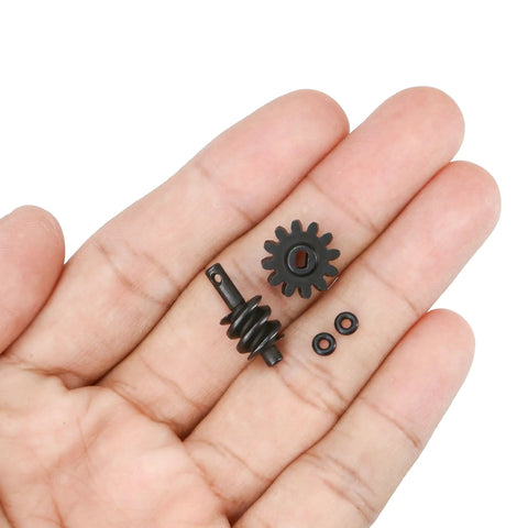 Overdrive Helical Gear Set 2-12T For 1/24 Axial SCX24 Crawler Upgrades in hand, showing steel worm gears with smoother drive
