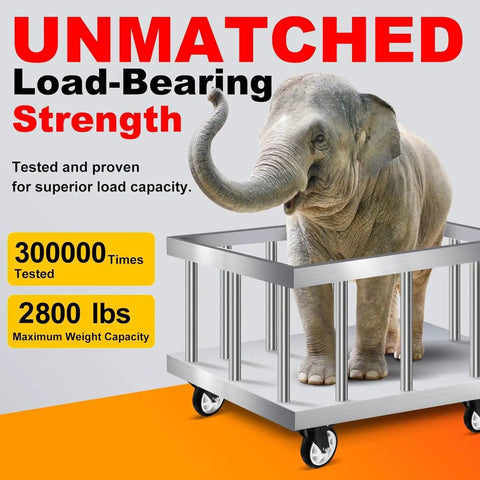 Built Like A Tank 5 Inch Heavy Duty Polyurethane Caster Wheels With Reliable Brakes Silent Double Ball Bearing Smooth Swivel Casters Roll Sweet Top Shelf Set Of Four For Heavy Loads Work Carts with an elephant on a metal cart.