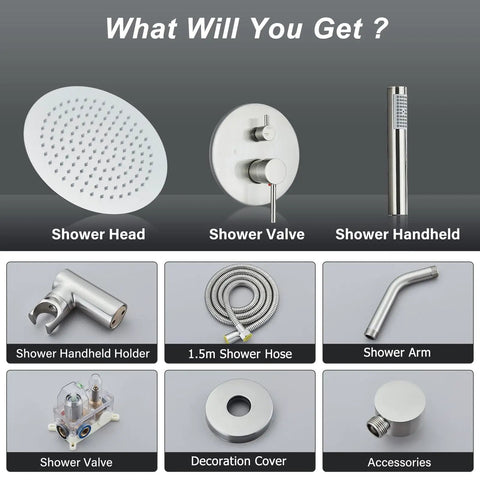 Brushed Nickel Shower System With 8 Inch Round Rain Shower Head And Handheld Spray, Complete Rough-In Valve And Trim Kit Included