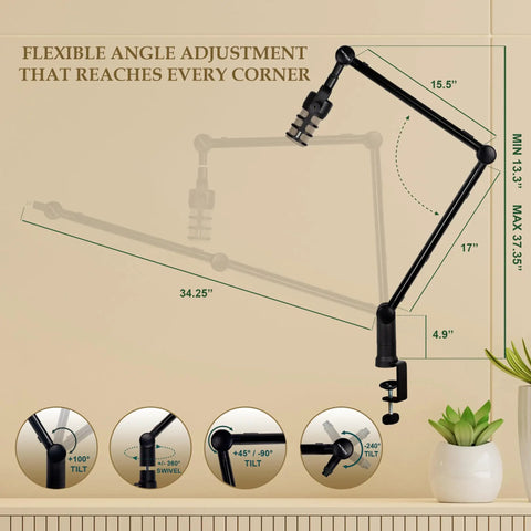 Adjustable Dope Broadcast Microphone Arm With Desk Mount showing flexible angle and rotation measurements for setup.