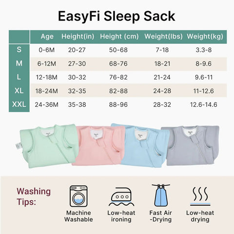Size chart and colors for Bamboo Rayon Buttery Soft Baby Sleep Sack 6 To 12 Months 0.5 Tog Lightweight Wearable Blanket
