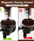 Magnetic dosing funnel showing smooth coffee grounds in 51mm filter cup for precise brewing using Seven Piece Espresso Tamper Kit Designed For 51mm Filter Cups Portable Coffee Press Tools Smooth Daily Grind Rich Flavor Booster Zero Hassle Vibes Built Different.