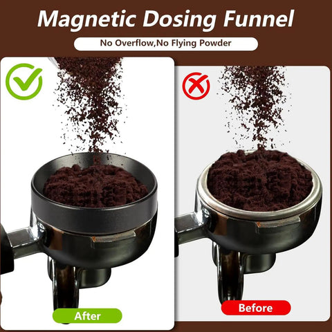 Magnetic dosing funnel showing smooth coffee grounds in 51mm filter cup for precise brewing using Seven Piece Espresso Tamper Kit Designed For 51mm Filter Cups Portable Coffee Press Tools Smooth Daily Grind Rich Flavor Booster Zero Hassle Vibes Built Different.