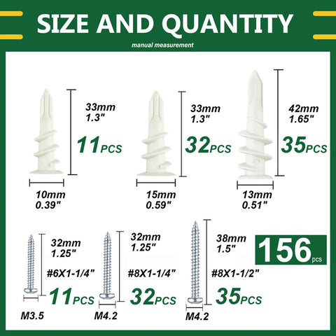 Size chart for Self Drilling Drywall Anchors And Screws Kit With Nylon Plastic Wall Anchors In Three Sizes Including 13x42mm 15x33mm And 10x33mm 156 Piece Set With Anchors And Screws No Pre Drill Hole Preparation Required For Fast, Strong And Safe Mounting In Drywall.